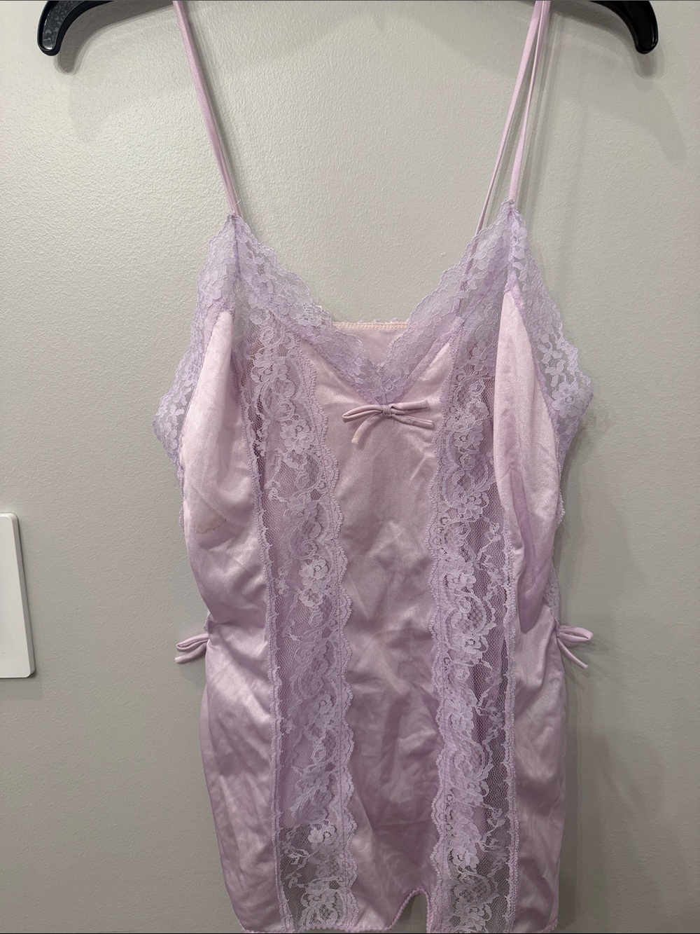 Vintage JC Penney Lavender Satin Lace Chemise with Bow Accent